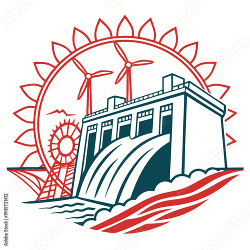 Hydroelectric dam and wind turbines renewable energy icon