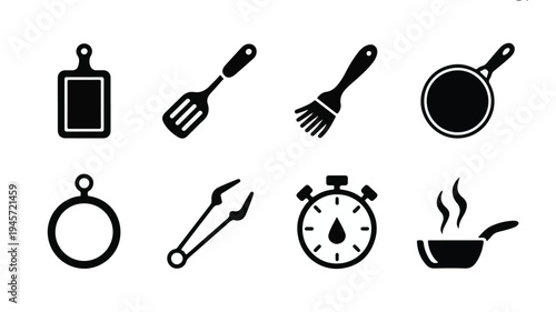 A set of eight black and white minimalistic kitchen utensils and tools icons
