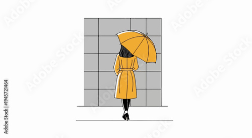 Woman in yellow coat and umbrella walks away from viewer