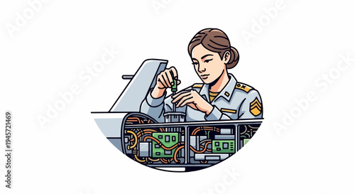 Woman in uniform repairing complex machinery with wires and circuit boards