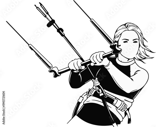 Woman kiteboarding with harness and control bar
