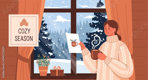 Cozy Winter Scene: Woman with Hot Drink by Snowing Window, Festive Gift