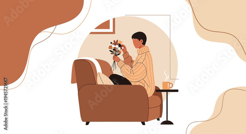 Cozy Woman Arranging Flowers in Armchair with Coffee