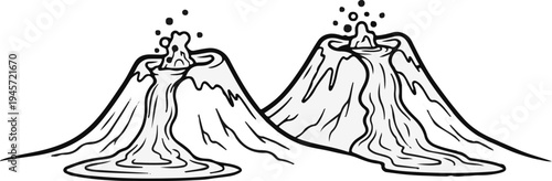 Two cartoon volcanoes erupting with lava and ash spewing from their peaks