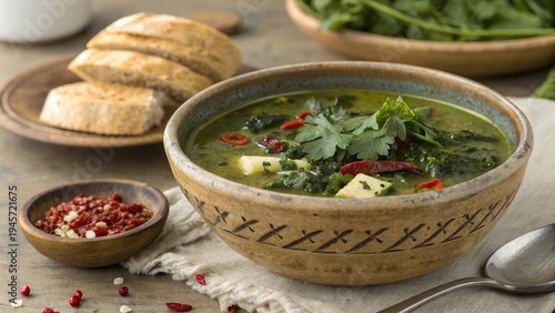 Enjoying a bowl of callaloo soup garnished with herbs and served with bread on a rustic table