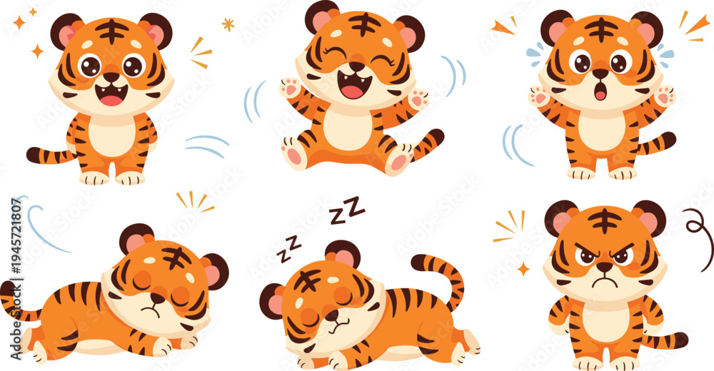 Obraz premium Cute Baby Tiger Emotions Clipart Set with Happy, Sleeping, Angry and Playful Tiger Cub Expressions for Kids Stickers and Animal Designs