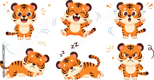 Cute Baby Tiger Emotions Clipart Set with Happy, Sleeping, Angry and Playful Tiger Cub Expressions for Kids Stickers and Animal Designs
