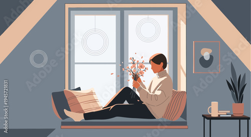 Cozy Woman on Window Seat with Spring Flowers, Relaxing Home Interior