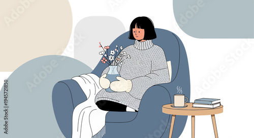Cozy Woman in Armchair with Flowers and Hot Drink, Minimalist Illustration