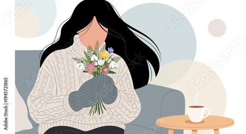 Cozy Woman in Sweater Holding Winter Flowers Bouquet with Coffee