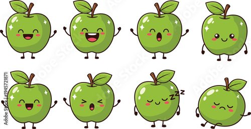 Cute green apple cartoon characters set with funny faces and emotions kawaii fruit mascots vector illustration