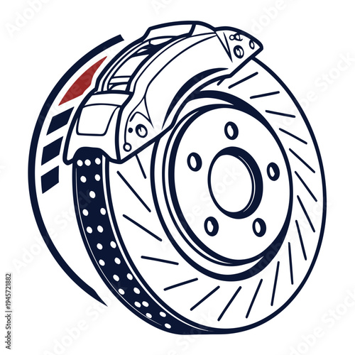 Car brake disc rotor and caliper line art vector illustration