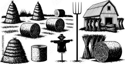 Solid black silhouettes of hay bales and farm harvest elements, minimalist rural agriculture and farming vector illustration isolated on white.