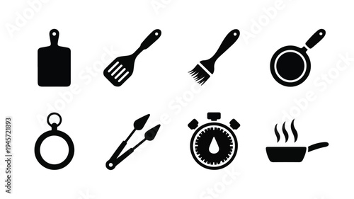 A set of eight black and white icons arranged in two rows depicting kitchen utensils and cooking tools on a clean surface.