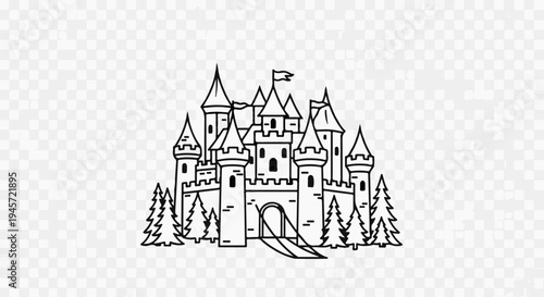 Whimsical line art of a fairy tale castle with trees and a flag