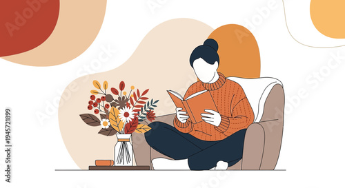 Cozy Woman Reading Book in Armchair with Autumn Flowers