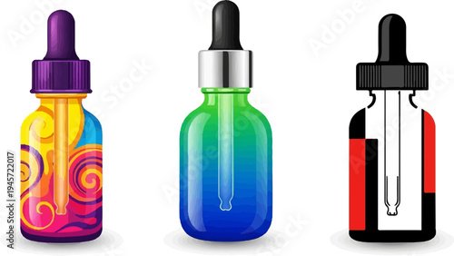 Three colorful glass dropper bottles, one with psychedelic patterns, one gradient, one cutaway