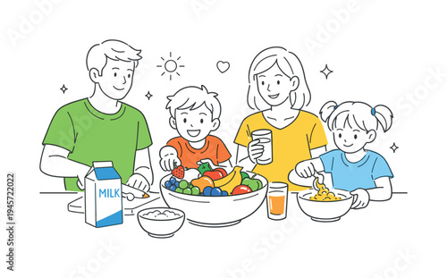 Family enjoying a healthy breakfast with fresh fruits and milk. A cheerful family prepares a nutritious meal together, featuring a variety of fruits, cereal, and milk for a