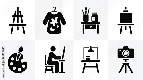 Eight black and white icons represent various artistic tools and activities on easels and desks.