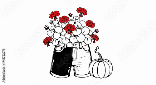 Whimsical shorts filled with red flowers, a pumpkin sits nearby