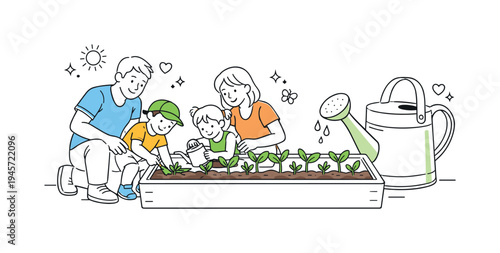 Family planting seedlings in a garden bed, enjoying outdoor activities together. Parents and children happily tending to young plants in a raised garden box, fostering a love for