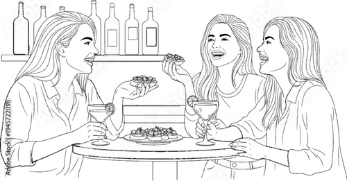 Three women enjoying drinks and appetizers at a bar, smiling and conversing