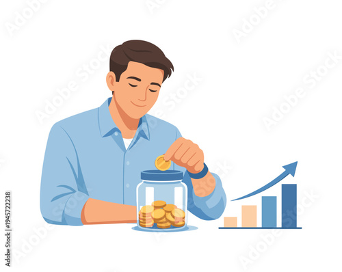 Man saving coins in a jar with a growing financial chart in the background. A man happily deposits a gold coin into a glass jar filled with money, symbolizing financial growth and
