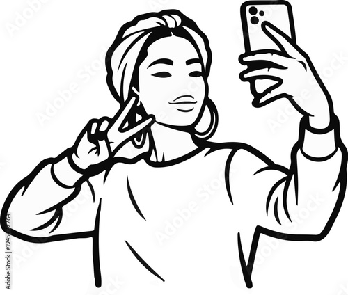 Woman taking a selfie with peace sign and phone