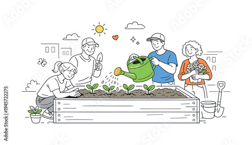 Family happily gardening together in a raised bed with seedlings and flowers. A diverse group of people of different ages are engaged in planting and watering young plants in a
