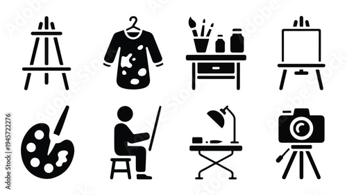 Artist prepares equipment for creative work in studio with various tools