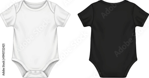 White and black baby bodysuits displayed front and back for comparison