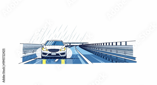 White car drives on wet highway in pouring rain under an overpass