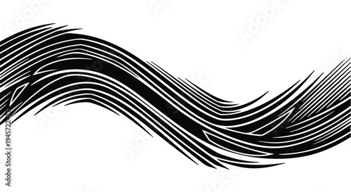 A dynamic, abstract black wave design features sharp, intricate lines creating a sense of flowing texture and energetic movement across a bright white surface.