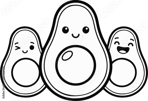 Three cute cartoon avocados with faces, winking, smiling, laughing