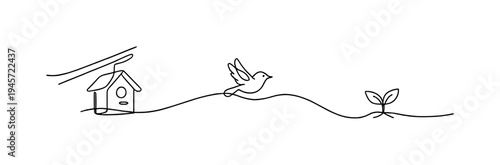 Minimalist line art of a bird flying from a birdhouse towards a new sprout. A single continuous line drawing depicts a bird in flight, leaving its home and heading towards a small