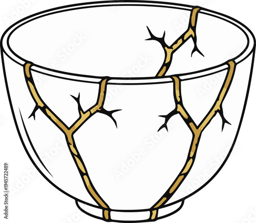 White ceramic bowl repaired with golden lacquer along cracks