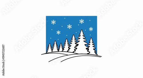 Stylized winter scene with snow-dusted evergreen trees under a blue sky