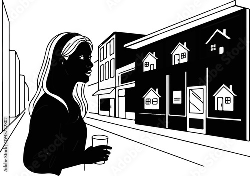 Woman with drink gazes at storefront with multiple house icons displayed
