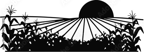 Stylized sunset over a cornfield with radiating sunbeams