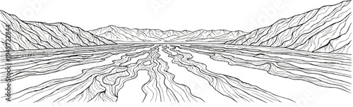 Wide view of a glacier with mountains in the background and channels in the ice