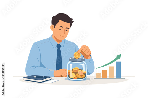 Man saving coins in a jar with growing financial chart illustration. A man in a blue shirt and tie deposits a gold coin into a glass jar filled with coins, next to a bar chart