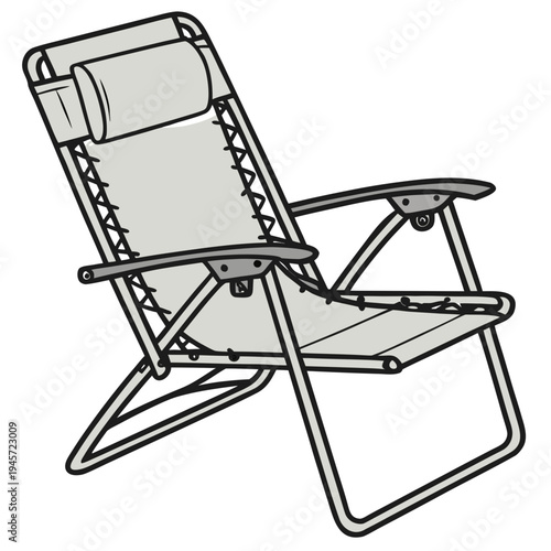 A folding beach chair with a headrest