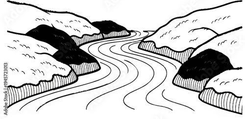 Winding river flowing between rocky, white-capped shores under a clear sky