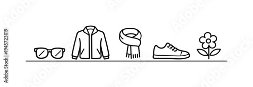 Minimalist line art icons of clothing and accessories on a white background. A simple graphic featuring icons of eyeglasses, a jacket, a scarf, a sneaker, and a flower arranged