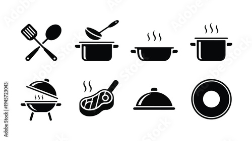 A set of eight black and white cooking utensils and dishes on a table indoors