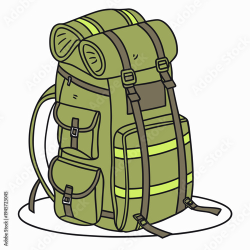 A large green hiking backpack with multiple pockets