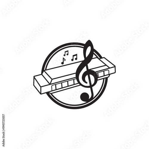 Illustration of harmonica, wind instrument, vector art.