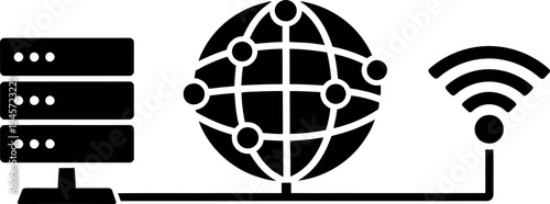 A sleek black icon depicting global data servers and wireless connectivity on transparent background silhouette