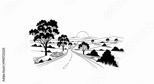 Winding road leads through sparse trees and hills towards a setting sun