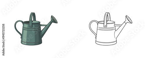 Watering can in flat cartoon and linear styles with metal textured surface and green color representing gardening equipment for plant care on white background